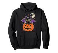 Black Cat Halloween Bat Wings Emerald Eyes Moon Stars Cute Pullover Hoodie
