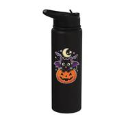 Black Cat Halloween Bat Wings Emerald Eyes Moon Stars Cute Stainless Steel Insulated Water Bottle