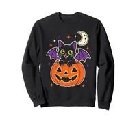 Black Cat Halloween Bat Wings Emerald Eyes Moon Stars Cute Sweatshirt