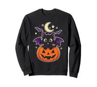 Black Cat Halloween Bat Wings Emerald Eyes Moon Stars Cute Sweatshirt