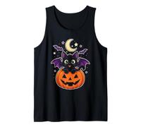 Black Cat Halloween Bat Wings Emerald Eyes Moon Stars Cute Tank Top