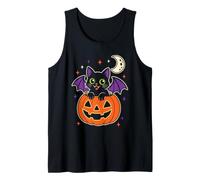 Black Cat Halloween Bat Wings Emerald Eyes Moon Stars Cute Tank Top