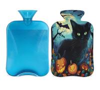 Black Cat Halloween Hot Water Bottle with Cover, Bat Pumpkin Tree 2L Hot Water Bag for Pain Relief, Neck Soft and Shoulder, Hand Feet Warmer, Hot and Cold Compress for Adult Kids