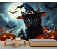 Black Cat Halloween Mural Pumpkin Lantern Wall Mural Wallpaper Scary Horror Spooky Gothic Wallpaper Full Moon Sky Bats Wall Paper for Girls Bedroom Murals Living Room 500X350cm