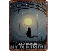 Black Cat Hello Darkness My Old Friend Vintage Tin Sign Black Cat Poster Moon Poster Cat Lover Gift Bedroom Wall Decor For Home Office Coffee Bar Club Metal Sign Home Decoration 5.5x8 Inch