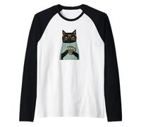 Black cat Holding a Coffee Mug Raglan Baseball Tee