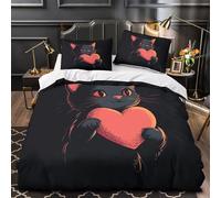 black cat holding heart 3D Printed Duvet Insert Cover 3pc Premium Microfibre Concealed cartoon illustration Duvet Cover 2 Pillowcases Lightweight Stain-Resistant Teens Young Adults Single（140x200cm）