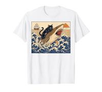 Black Cat Hunting Shark Ukiyo-e Ocean Art Japanese Style Value Graphic T-Shirt, Men, White, L