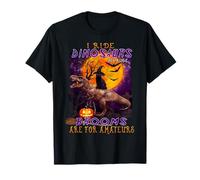 Black Cat I Ride Dinosaurs Brooms are for Amateurs Halloween T-Shirt