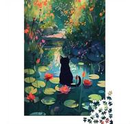 Black Cat in A Lily Pond 1000-Piece Puzzle for Adults, 38x26cm/1000pcs, to Complete Gradually over A Weekend; White Card Pieces for A Neat Table