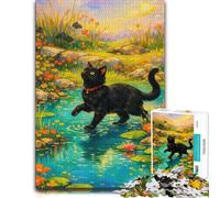 Black Cat in A Water Lily Pond Wooden Jigsaw Puzzle 1000 Pieces for Adults | Image-area sorting: a simple way to organise the image in spare time.