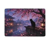 Black Cat in Cherry Blossom Tree Short Pile Rug 150 x 100 cm, Soft Non Slip | Winter room styling with short pile area rug, clear heat transfer print; for bedroom floor styling