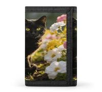 Black Cat in Flower Garden Wallet Slim Compact Stylish Trifold Wallet for Men Women Minimalist Front Pocket Travel Divided Billfold