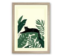 Black Cat in Foliage Japandi Framed Wall Art Print A2 (59.4×42cm) Oak, Wall Decor for Living Room, Bedroom, Office & Home, Ready to Hang, Art Gift