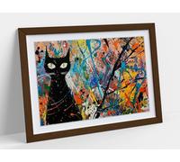 Black cat in Jackson pollock 2 Stunning Framed Wall Art Print Picture - A4 - Walnut Frame