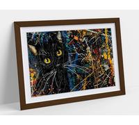 Black cat in Jackson pollock 3 Framed Wall Art Print Picture - A3 - Walnut Frame