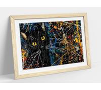 Black cat in Jackson pollock 3 Framed Wall Art Print Picture - A4 - Light Oak Frame