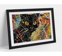 Black cat in Jackson pollock Stunning Framed Wall Art Print Picture - A3 - Black Frame