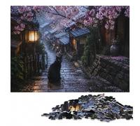 Black Cat in Japanese Cherry Blossom Alley Adult Wooden Jigsaw Puzzle