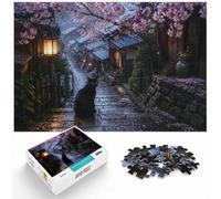 Black Cat in Japanese Cherry Blossom Alley Jigsaw Puzzle, 1000 Piece | For longer puzzle sessions: Adult jigsaw puzzle with 1000 pieces; for shared family time or independent puzzling.