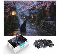 Black Cat in Japanese Cherry Blossom Alley Jigsaw Puzzle, 1000 Piece | For relaxed days after Christmas: Adult jigsaw puzzle with 1000 pieces; for family downtime during the festive period.