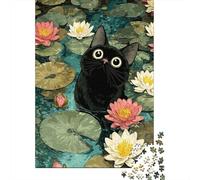 Black Cat in Lily Pond Illustration 1000-Piece Jigsaw Puzzle for Adults, 38x26cm/1000pcs, Relaxing Indoor Activity, Focused Puzzle Time And Time at Home