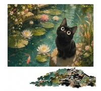 Black Cat in Lily Pond Illustration Adult Puzzle, Wooden Jigsaw, 500 Pieces | Border-first building - a clear build method in spare time.