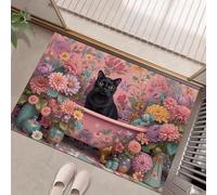 Black Cat In The Bathtub Washable Door Mats Indoor, Flowers Mat Absorbent Non-Slip Low Profile Doormat For Entrance, Inside, Kitchen, Front Back Door, Pets Dogs- 45 X 75 Cm, Pink