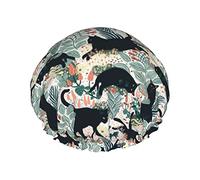 Black Cat In The Garden Waterproof Shower Cap,Elastic Bathing Hair Cap Environmental Protection Hair Bath Caps, Double WaterproofBathing Shower Hat