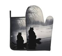 Black Cat in the SnowPatterned oven mitts, oven mitts, and potholders set for baking, microwaving, and grilling.