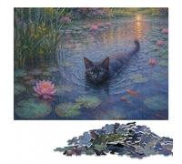 Black Cat in Water Lilies Detailed Wooden Puzzle for Adults, 500 Pieces | Colour and shape sorting - a clear build method during indoor leisure.