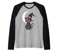Black cat in Witch Hat Funny Halloween Witch Raglan Baseball Tee