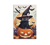 Black Cat in Witch Hat on Pumpkin Halloween Decorative Paintings, Magical Spooky Decor, Living Room Poster Artistic Wall Mural Modern Hanging Decor Poster20x30inch(50x75cm)