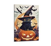 Black Cat in Witch Hat on Pumpkin Halloween Decorative Paintings, Magical Spooky Decor, Living Room Poster Artistic Wall Mural Modern Hanging Decor Poster24x36inch(60x90cm)