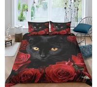 Black Cat King Duvet Cover Set 3D Printed Red Rose Bedding Set Ultra Soft Microfiber Quilt Cover 220x230 cm for Double Bed with 2 Pillowcases with Zipper A/533