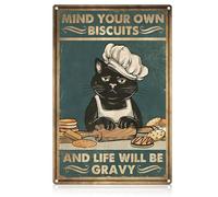Black Cat Kitchen Sign, Mind Your Own Biscuits And Life Will Be Gravy Metal Signs, Vintage Funny Kitchen Wall Art for Home, Dining Room, Restaurant Decor, Cooking Gifts