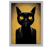 Black Cat Le Chat Noir Modern Mustard Artwork Framed Wall Art Print A4 Artery8 Light Grey One Size