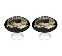 Black Cat Lies on Book Funny Cabinet Knobs 2 Pack Round Drawer Dresser Pulls Door Handles Knobs for Door Wardrobe