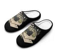 Black Cat Lies on Book Men's Cotton Slippers | Cozy Slip on Slippers Memory Foam Warm House Shoes for Indoor Outdoor