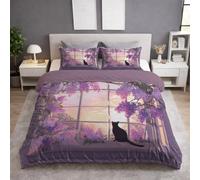 Black Cat Lilac Flowers Windowsill Duvet Cover - Anime Soft, Fluffy, Versatile Romantic Dreamy Healing Bedding Duvet Cover Set Lilac for Girls - Full 240 x 260