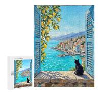 Black Cat Looking at Mediterranean Coast Art Jigsaw Puzzle, 500 PCS, for Adult Puzzle Fans, An Absorbing Project for Relaxed Weekends, at Home