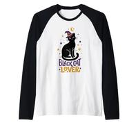 Black-Cat Lover Witch Hat Halloween Folk Art Cat Raglan Baseball Tee