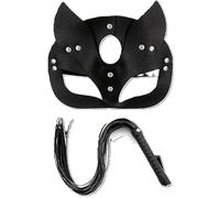 Black Cat Mask with Studded Design and Faux PU Leather Whip, Costume Accessories Set