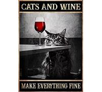 Black Cat Metal Cats And Wine Make Everything Fine Metal Funny Wall Art Decor Metal Sign Poster 8X12 Inches