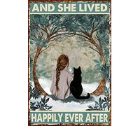 Black Cat Metal Sign and She Lived Happily Ever After Cats Tin Wall Art Decor Public Decoration 8x12 Inch