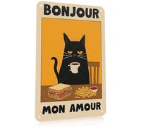 Black Cat Metal Sign, Bonjour Mon Amour Tin Sign, Cat Drinking Coffee Kitchen Wall Art, Funny Animal Prints for Walls, Modern Wall Picture for Living Room, Cafe & Home Decor, 8x12in