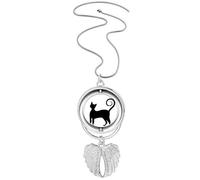 Black Cat Mewing Elegant Animal Outline Pendant Angel Wings Rotating Necklace Jewelry