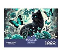 Black Cat Moon Butterflies 1000 Piece Educational Game Decompression Puzzle -Black Wolf Teal Rose Moon for Adults Wall Decoration And Gifts70x50cm/1000pcs