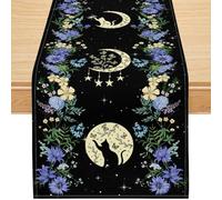Black Cat Moon Phase Table Runner, Wild Floral Witchy Gothic Celestial Decor for Dining Room Kitchen Halloween Party - 13x60 Inch