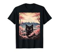 Black Cat Mount Fuji Japanese Sakura Cherry Blossom Ukiyo-e T-Shirt